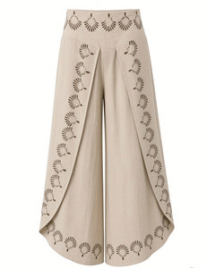 Pantalon large beige pour femme avec imprimé soleil marron, taille haute, style palazzo, bohème, ethnique, décontracté - Product Image 3