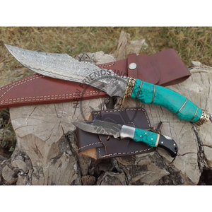 New Edition Fixed Blade Knife Handmade Damascus Steel Hunting Knife Best Sharp Edge Survival Knife w/Green Stone & Brass Handle - Product Image 1