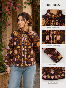 Elegant Velvet Embroidered <b>Jacket</b> With Floral Pattern <b>Mandarin</b> <b>Collar</b> Full Sleeve Winter Women's Coat - Product Image 6