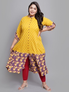Cotton Anarkali <b>Kurti</b> In Mustard Ikat And Floral Print With Ruffle Sleeves Mandarin Collar For Plus Size Women's Wear - Product Image 1