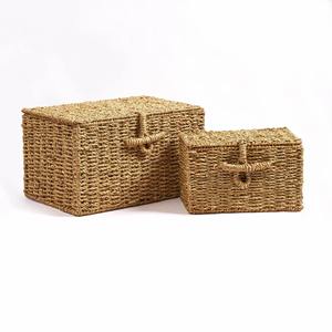 Natural Seagrass <b>Storage</b> Basket Set 2 Rectangle Woven Organizer Box with <b>Lid</b> Handmade Household Keeping <b>Bin</b> - Product Image 3
