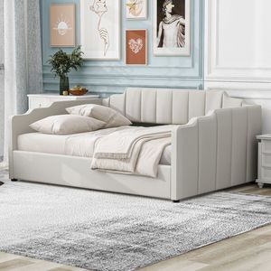 Divano letto imbottito beige a grandezza naturale con comoda vano contenitore sotto il telaio - Product Image 3