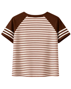 Camiseta Raglán Personalizada a Rayas Marrón Café y Blanco, de Algodón, Informal, para Verano, con Mangas en Contraste y Cuello Redondo, Fabricante OEM - Product Image 2