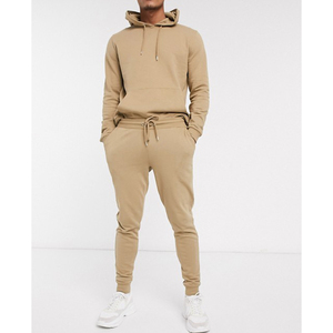 Men's Khaki Hooded <b>Tracksuit</b> Full Length Solid Color Casual Sweatshirt And Pants Set With Drawstring Closure And Side Pockets - Product Image 1