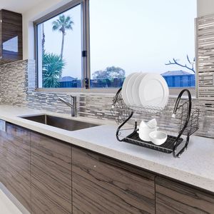 Scolapiatti Multifunzionale Nero RT a Forma di S, Doppio Strato per Ciotole, Piatti, Bacchette e Cucchiai, Scaffale di Raccolta a Doppio Livello - Product Image 2