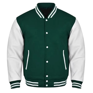 High Quality <b>Men's</b> Green <b>White</b> Varsity <b>Jacket</b> Preppy Style Zipper Closure Regular Fit Autumn Wear Solid Color Turn-down Collar - Product Image 1