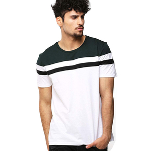เสื้อยืดคอกลมแขนสั้นลายทางตัดสีสำหรับผู้ชาย - Product Image 1