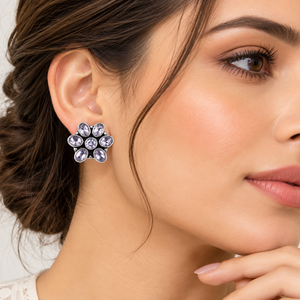 Vintage Brass Crystal Stone Bezel Setting Antique Silver Plated Flower Stud Earrings | Party Antique Finish Women's Trendy - Product Image 6