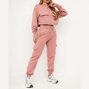 Women Pink 2 Piece Fleece Tracksuit Set <b>Crop</b> Hoodie <b>Jogger</b> Pants Casual Streetwear Solid Color Loose Fit Full Sleeve - Product Image 1