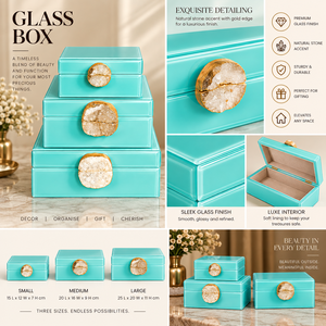 Coffret de rangement pour bijoux en verre bleu aqua avec accent en agate naturelle, bordure dorée, finition brillante, organisateur décoratif pour souvenirs - Product Image 5
