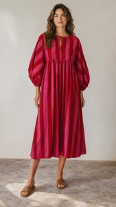 Stripe Print <b>Boho</b> Midi <b>Dress</b> Women Cotton Puff Sleeve Casual <b>Summer</b> <b>Dress</b> Flowy Loose Fit Resort Wear - Product Image 3