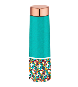 Bouteille d'eau en cuivre sans joint, étanche, flacon ayurvédique pour la santé, motif botanique de pétales de fuchsia vif, couleur ivoire - Product Image 6