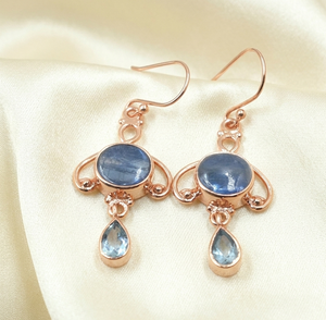 Pendientes Colgantes de Topacio Azul Cianita Natural, Plata de Ley 925, Chapados en Oro Rosa y Oro Amarillo, Joyería de Piedras Preciosas Hecha a Mano para Mujer - Product Image 5