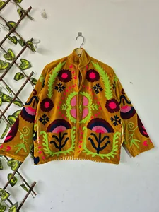 Handmade <b>Yellow</b> Velvet Suzani Embroidered Jacket with Floral Print Full Sleeve Stand Collar Bohemian Women's Winter <b>Coat</b> - Product Image 1