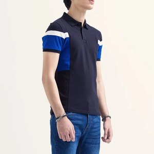 Polo pour homme à blocs de couleur, manches courtes, tricoté, décontracté, bleu, blanc, marine, motif uni, coupe classique, logo brodé personnalisé - Product Image 2