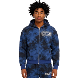 Sudadera con capucha azul personalizada con efecto tie-dye, cremallera y logo de diamantes de imitación, estilo oversize, para streetwear, venta al por mayor, fabricante de marca privada - Product Image 1