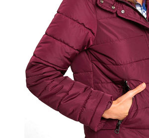 Women's Burgundy Hooded Puffer Jacket With <b>Fur</b> <b>Trim</b> Windproof Winter Casual Outerwear Solid Color Polyester Shell Zipper Closure - Product Image 3