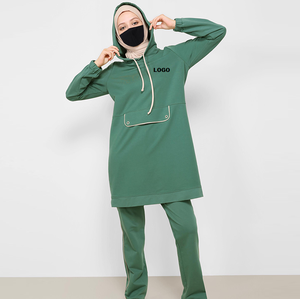 Ensemble de survêtement modeste et respirant pour femme, 2 pièces, couleur unie, coupe longue, avec sweat à capuche et poches kangourou, idéal pour l'extérieur en hiver - Product Image 1
