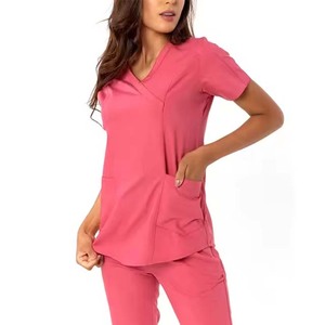Unisex V-Neck <b>Scrub</b> <b>Tops</b> Pink Polyester Worsted Fabric Hospital Uniforms Needle Detection Ready to Ship - Product Image 1