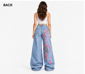 Women's High Waist Wide Leg Denim <b>Jeans</b> With Hand Embroidery <b>Floral</b> Print Casual Loose Fit Full Length Spring Style From India - Product Image 3