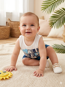 Conjunto de chaleco y pantalones cortos de algodón con estampado de palmeras California Dream de Little Sailors Boys, perfecto para uso diario - Product Image 3