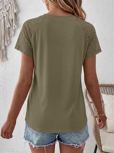 Haut de base léger pour femme, idéal pour l'été, couleur unie, style décontracté, manches courtes, accents en dentelle et polyester doux - Product Image 1