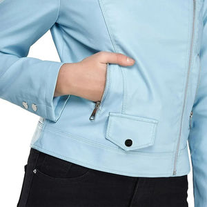 <b>Light</b> Blue PU Leather Moto <b>Jacket</b> Women Stand Collar Full Sleeve Zipper Closure Solid Color Autumn Style - Product Image 6