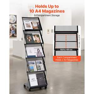Foldable 5-Pockets Metal <b>Magazine</b> Literature Display Rack Movable Floor Standing Wheels Newspaper Catalog <b>Holders</b> for Shop - Product Image 2