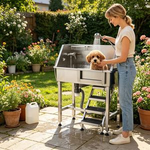 Stazione Professionale per Toelettatura di Cani e Gatti in Acciaio Inox e Legno per Uso Interno, per Bagno e Lavaggio di Cani, Gatti e Rettili, Materiale PP - Product Image 1