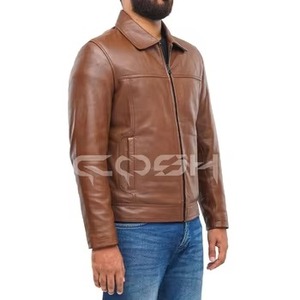 Chaqueta de cuero genuino marrón para hombre OEM ODM, estilo con cremallera y bolsillos laterales dobles. - Product Image 4