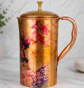 Carafe artisanale en cuivre à imprimé floral, grande capacité, décorative, faite à la main, Tamra Jal, récipient ayurvédique - Product Image 1