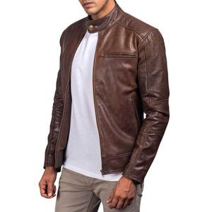 Veste en cuir d'agneau véritable marron pour homme, col montant, fermeture éclair, style décontracté, veste de motard - Product Image 3