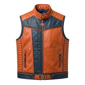 Chaleco de cuero genuino para hombre, estilo motero, con bloques de color marrón y negro, cuello alto y cremallera - Product Image 1