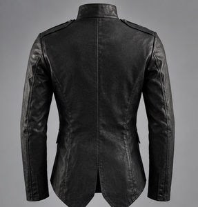 <b>Men's</b> black Leather <b>Jacket</b> Stand Collar With Button Closure - Product Image 4