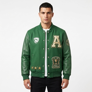Chaqueta Varsity Verde para Hombre Dumela, Estilo Preppy, Insignia Bordada, Cierre de Botones Frontales, Ropa de Abrigo de Invierno, Resistente al Viento, 100% Poliéster - Product Image 3