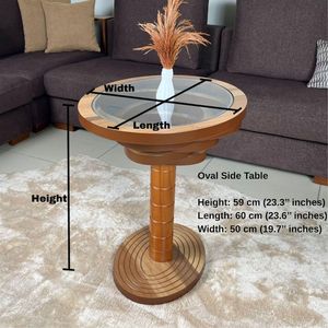 Modern Oval Side <b>Table</b> with Tempered Glass Top and Wood Frame Living Room Furniture 59cm Height Decorative Accent <b>Table</b> for Home - Product Image 2