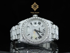 นาฬิกาเพชรสำหรับผู้หญิง Pahal Jewels ขนาด 40 มม. ตัวเรือนสแตนเลสทรงกลม ระบบอนาล็อก ควอตซ์ สายแฟชั่นหรูหรา พร้อมหน้าปัดแสดงวันที่ - Product Image 1