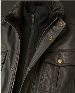 Blouson en cuir pour homme avec col en fausse fourrure et fermeture éclair - Product Image 5