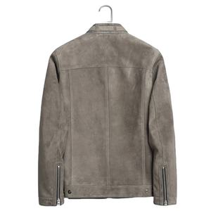 Veste en daim pour homme 2025 – Blouson moto gris respirant en cuir véritable de haute qualité, coupe ajustée, col montant, logo frontal - Product Image 4