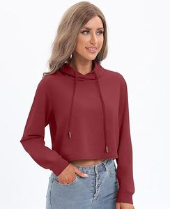 Sweat-shirt à capuche court pour femme, couleur unie, léger, à manches longues, décontracté - Product Image 1