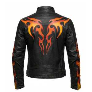 FURAT <b>LEATHERS</b> <b>Mens</b> Distressed <b>Leather</b> <b>Jacket</b> Handmade Biker Motorcycle Coat Fire Sleeve Stand Collar Front Logo Breathable - Product Image 3
