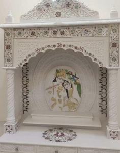 หินอ่อนมาครานาสีขาวพรีเมียมสำหรับทำหิ้งบูชาแบบดั้งเดิม |   ลวดลายแกะสลักอย่างประณีตของนกยูงและช้างในวัด |   ขนาดปรับแต่งได้ - Product Image 4