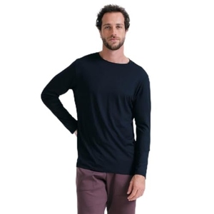 Men's Navy Long Sleeve T-Shirt 100% Cotton Breathable Solid Color Pullover Adult Shirts & Tops - Product Image 1