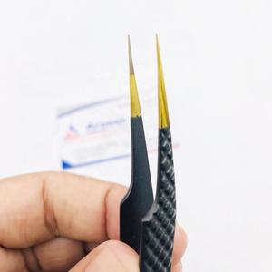 คีมหนีบขนตาปลอมสำหรับต่อขนตาแบบตรงทำจากสแตนเลสสตีลสีดำทองไฟเบอร์โปร - Product Image 2