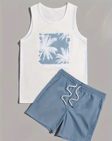 Conjunto de Dos Piezas para Hombre, Informal, Veraniego, Transpirable, con Estampado Tropical, 100% Algodón, Camiseta sin Mangas + Pantalones Cortos Deportivos con Cordón, para Deportes al Aire Libre