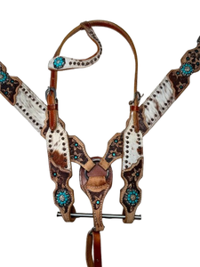 Ensemble de harnais en cuir de vachette Turquoise Daisy, bride et collier de poitrine pour cheval, artisanal, cuir véritable de qualité supérieure, Rodeo EquiElite - Product Image 2