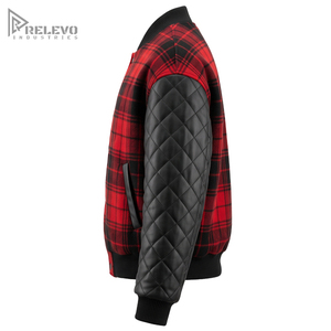 Veste universitaire à carreaux personnalisée unisexe, rouge et noir, en flanelle à carreaux Buffalo, manches en cuir matelassées, veste bomber, conception personnalisée OEM/ODM - Product Image 3