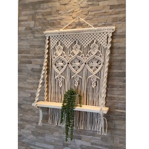 Diamond Design Macrame <b>Wall</b> <b>Hanging</b> Cotton Rope with Pine Wooden Shelf Bohemian Handmade <b>Decorative</b> <b>Wall</b> <b>Hanging</b> for Home Décor - Product Image 1