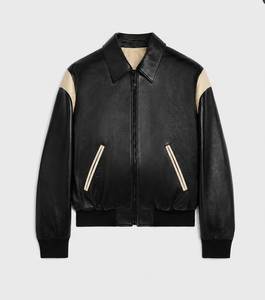 Blouson Bomber en Cuir Véritable pour Homme, Noir et Beige, Style Color Block, Décontracté, Zippé, avec Ourlet Côtelé Classique, 2026 - Product Image 5