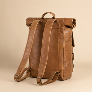Vintage Brown Leather <b>Roll</b> <b>Top</b> <b>Backpack</b> Buckle Rucksack Travel Laptop Bag for Men Women Daily Office Use - Product Image 2
